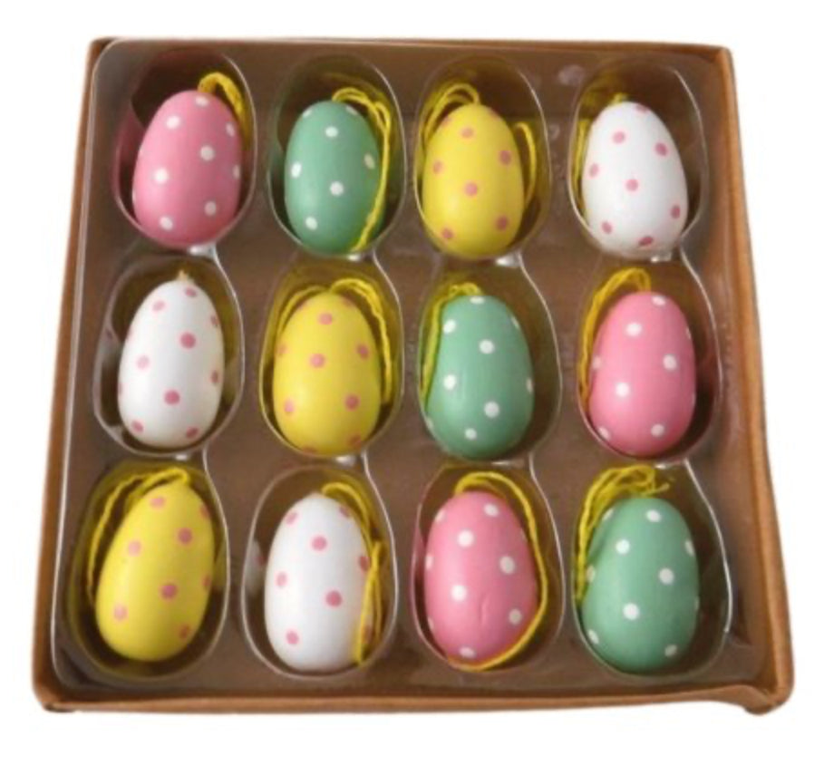 12 Hanging Wooden Egg Decorations