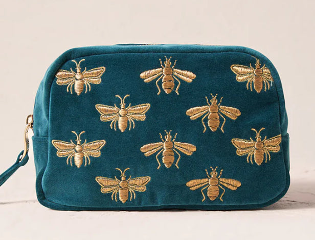 Honey Bee Velvet Makeup Bag-Rich Blue Teal