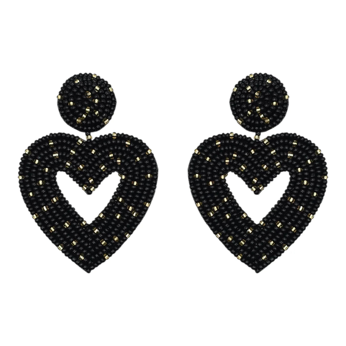 Black & Gold Beaded Heart Outline Earrings