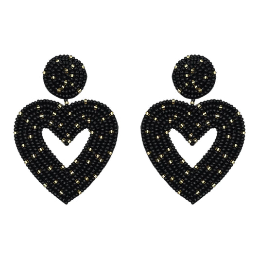 Black & Gold Beaded Heart Outline Earrings