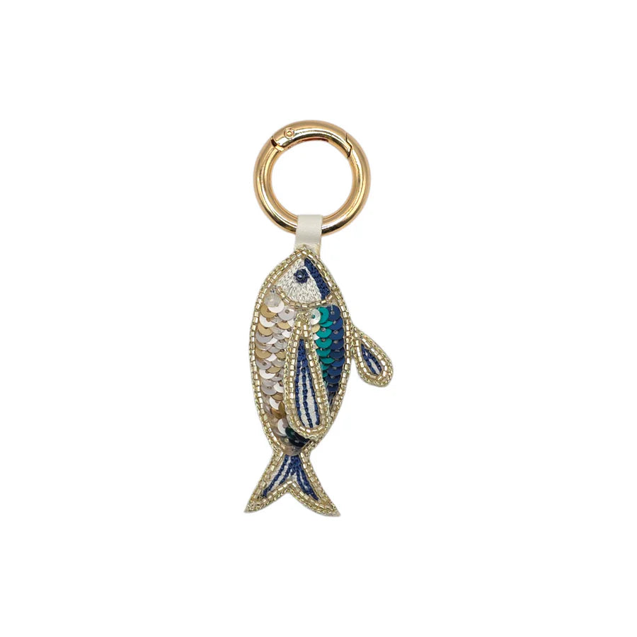 Blue & White Sequin Embroidered Fish Bag Charm