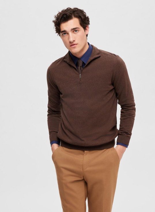 Half Zip Knitted Jumper - Brown