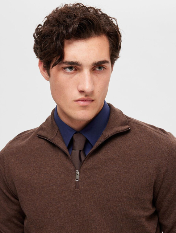 Half Zip Knitted Jumper - Brown