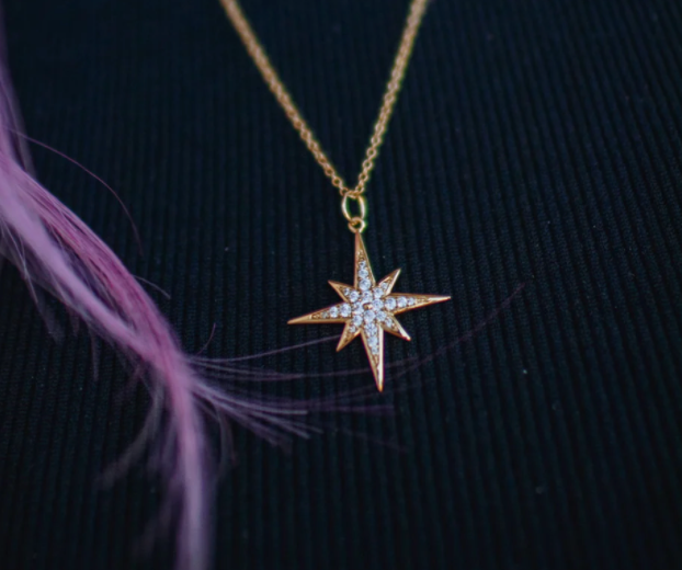 Large Sparkling Starburst Necklace with Slider Clasp - Gold