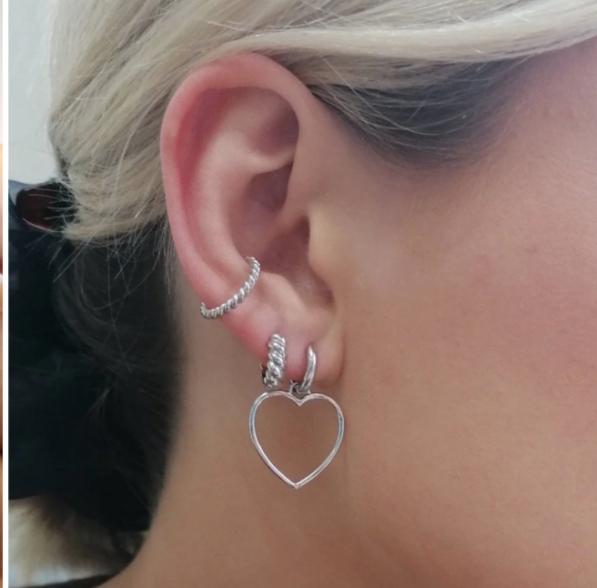 Heart Charm Hoop Earrings - Silver
