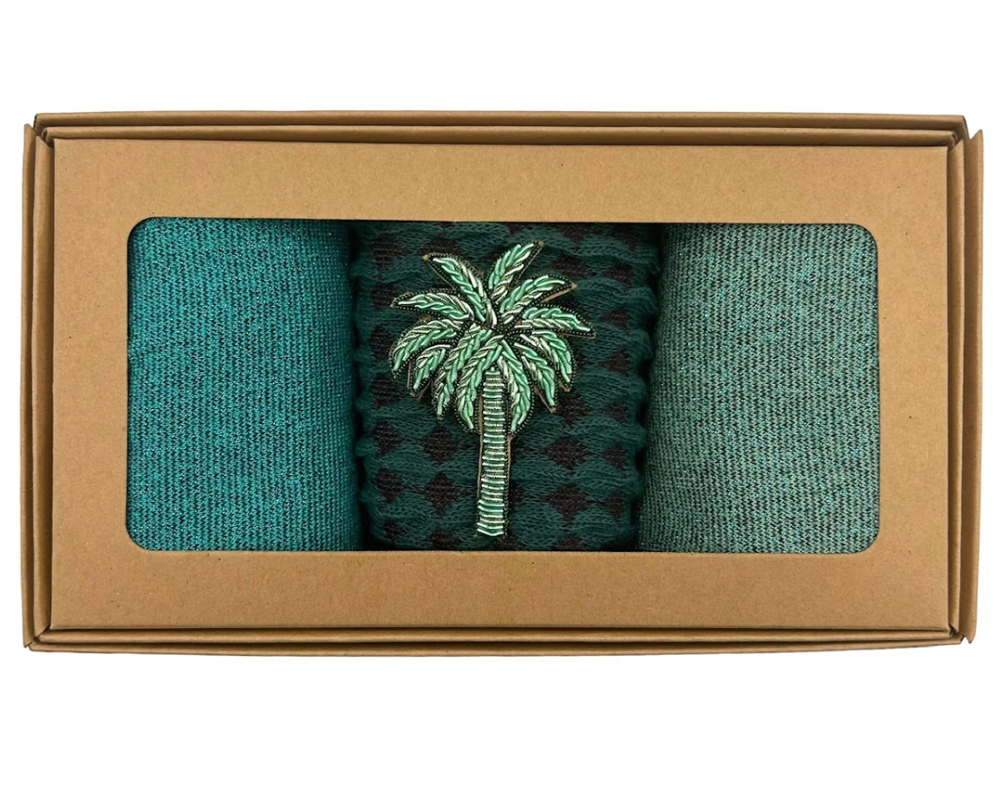 Turquoise Mix Sock Box with Embroidered Palm Tree Pin