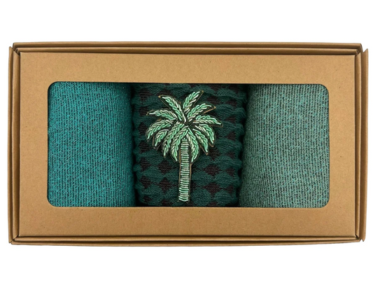 Turquoise Mix Sock Box with Embroidered Palm Tree Pin