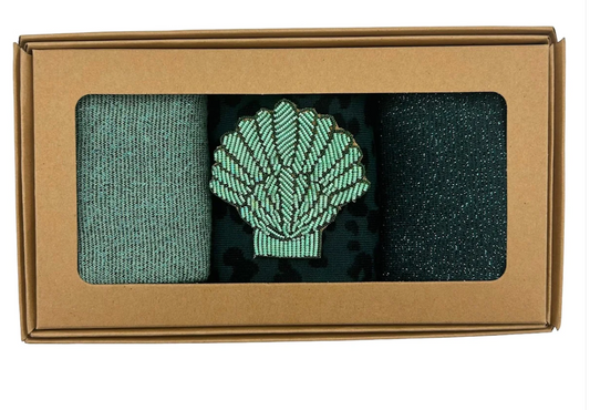 Turquoise Mix Sock Box with Embroidered Shell Pin