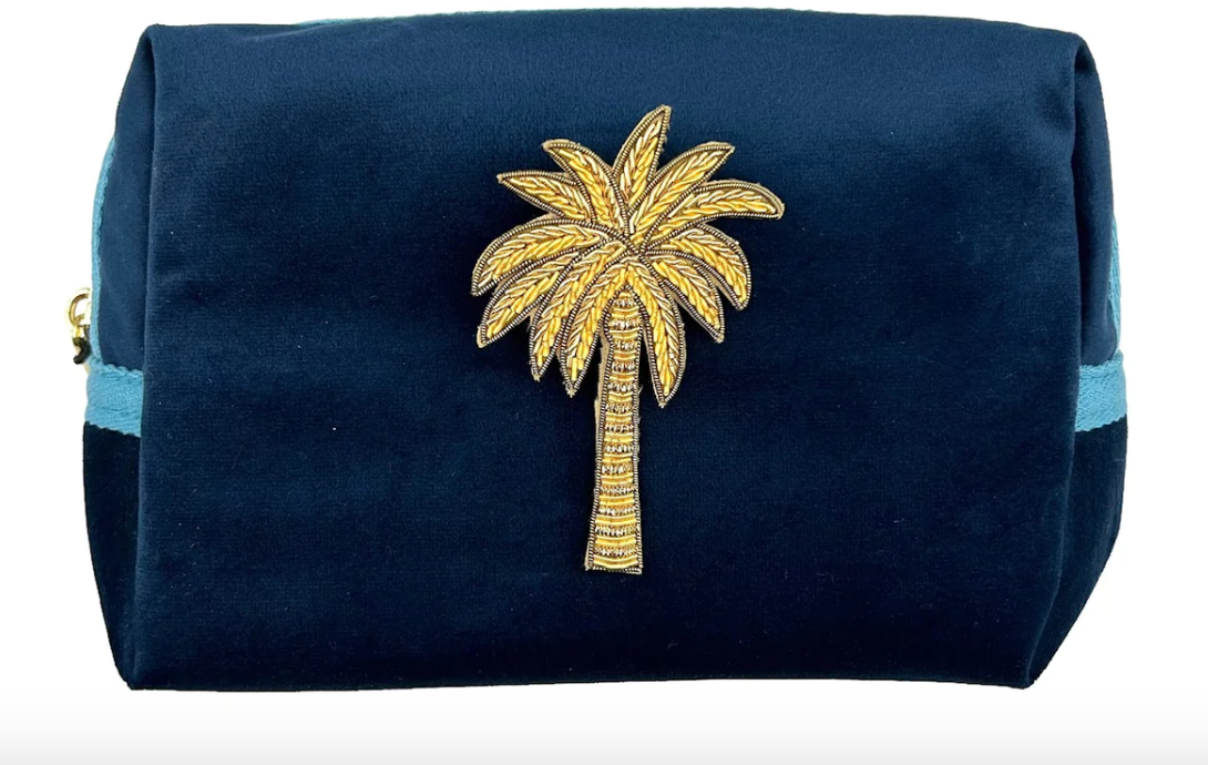 Blue Makeup Bag & Gold Palm Tree Pin