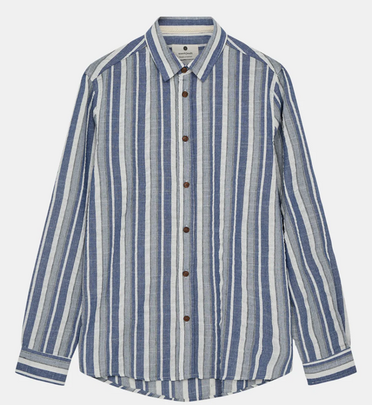 AKLEIF Long Sleeve Cotton Stripe Shirt - Indian Teal
