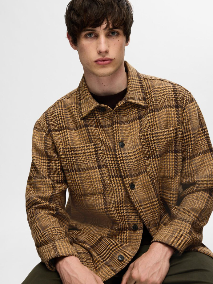 SLHBOXY HOUNDSTOOTH OVERSHIRT - Chocolate