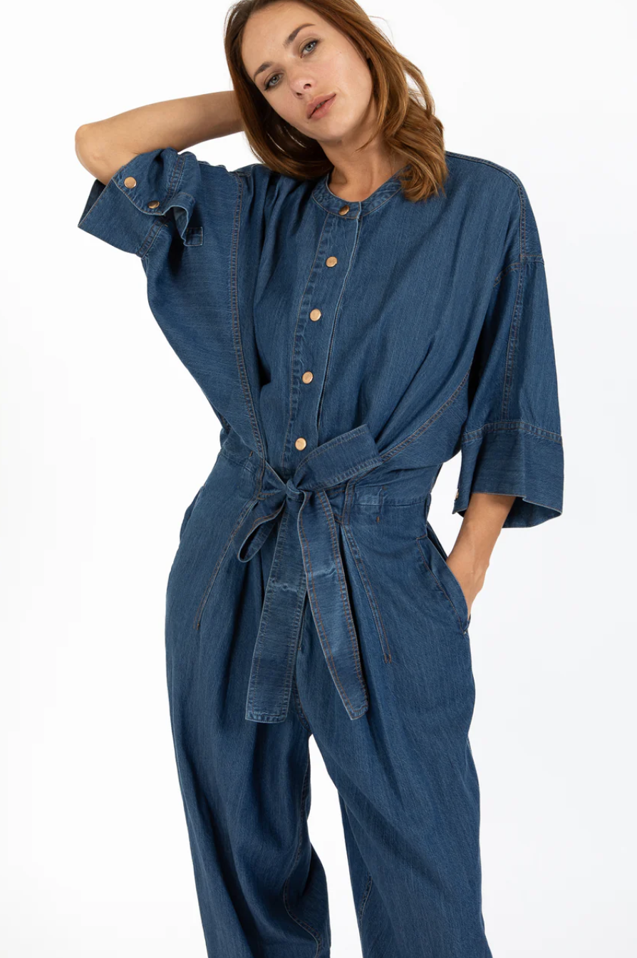 BELTED PANTSUIT - BLUE DENIM