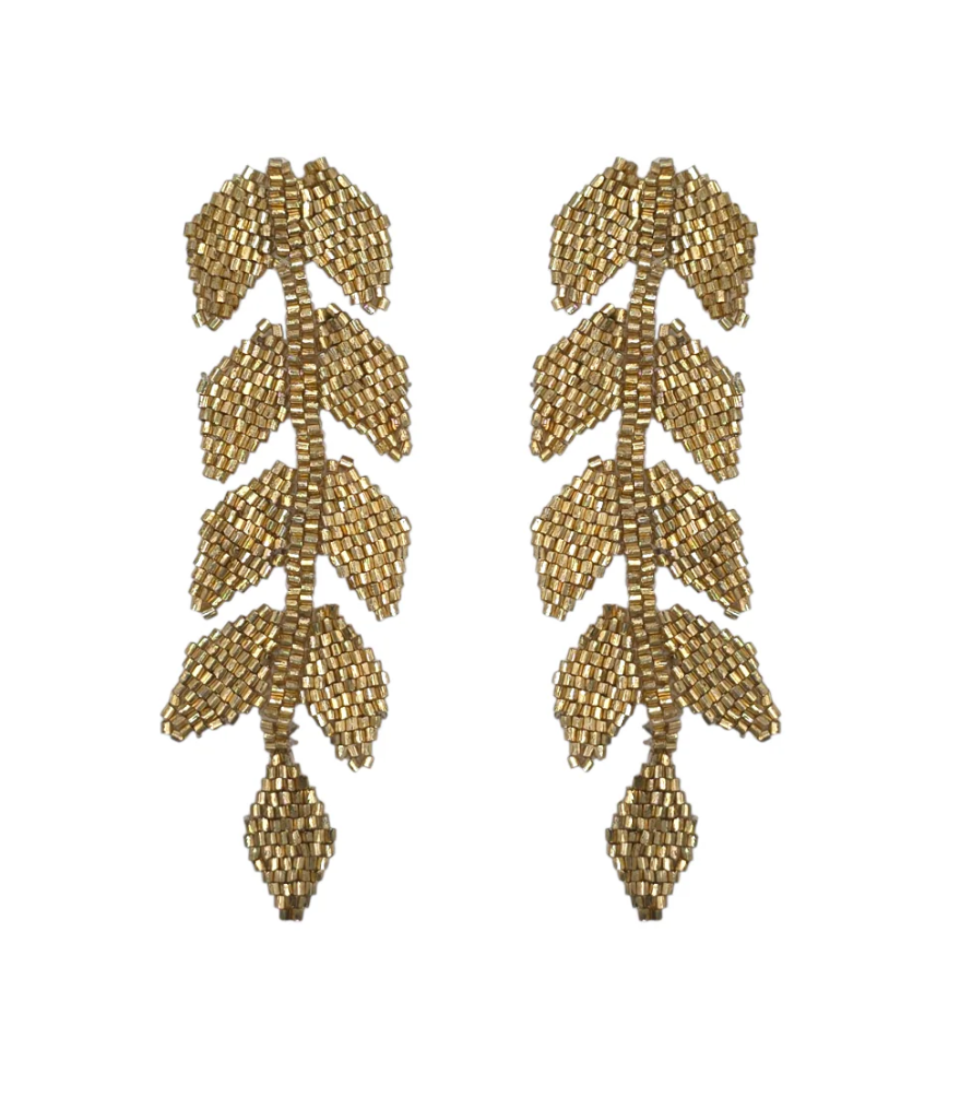 Gold Shimmer Beaded Leaf Drop Earrings