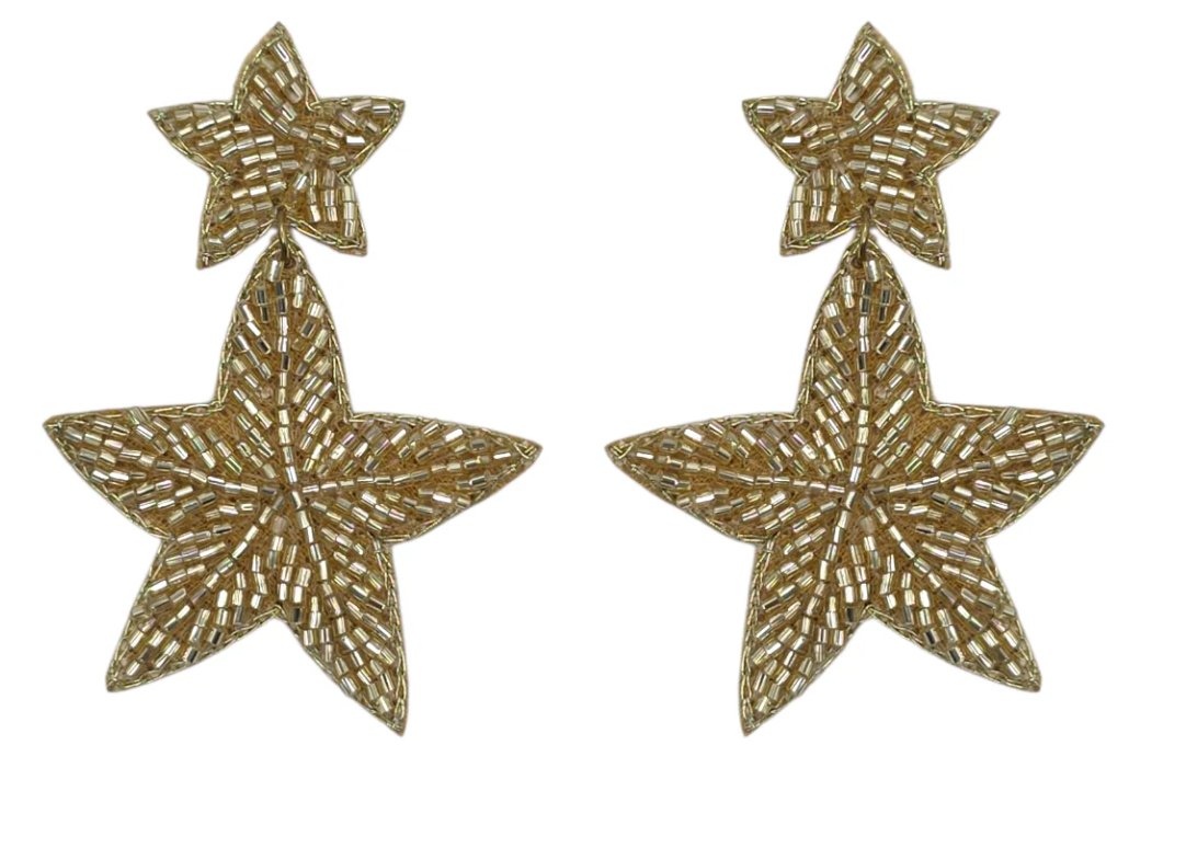 Gold Beaded Double Star Shimmer Earrings