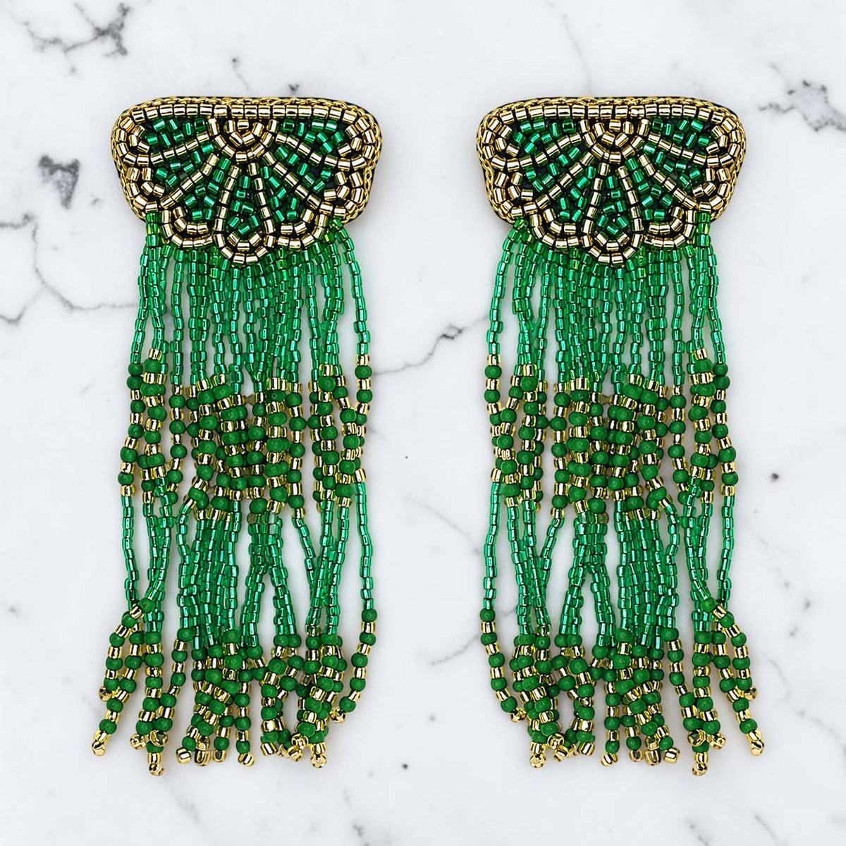 Malachite & Gold Beaded Deco Tassel Earrings