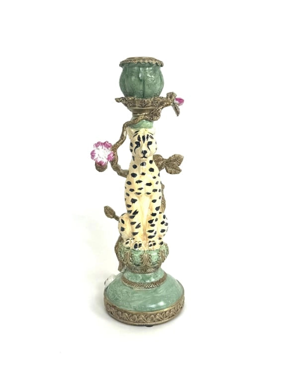 ANTIQUED ORNATE LEOPARD CANDLE HOLDER