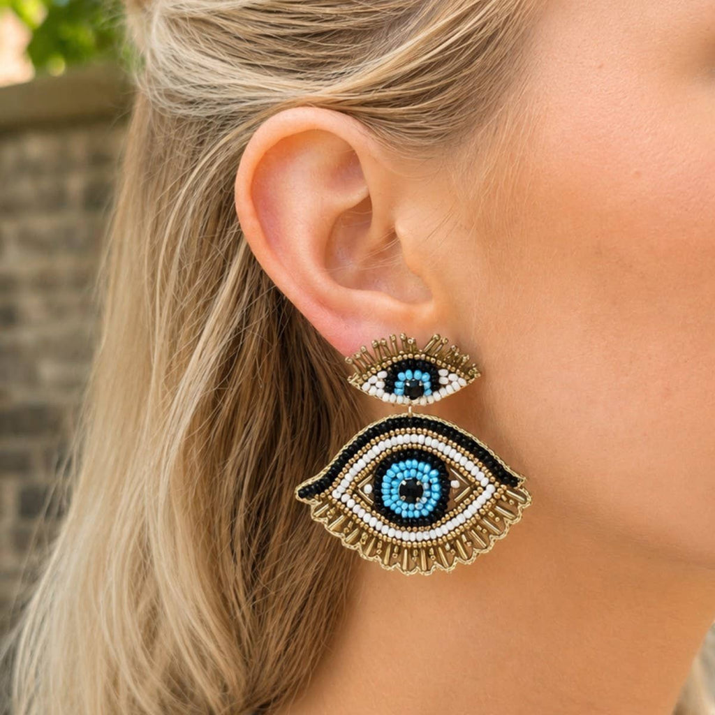 Gold Beaded Double Eye Drop Earrings