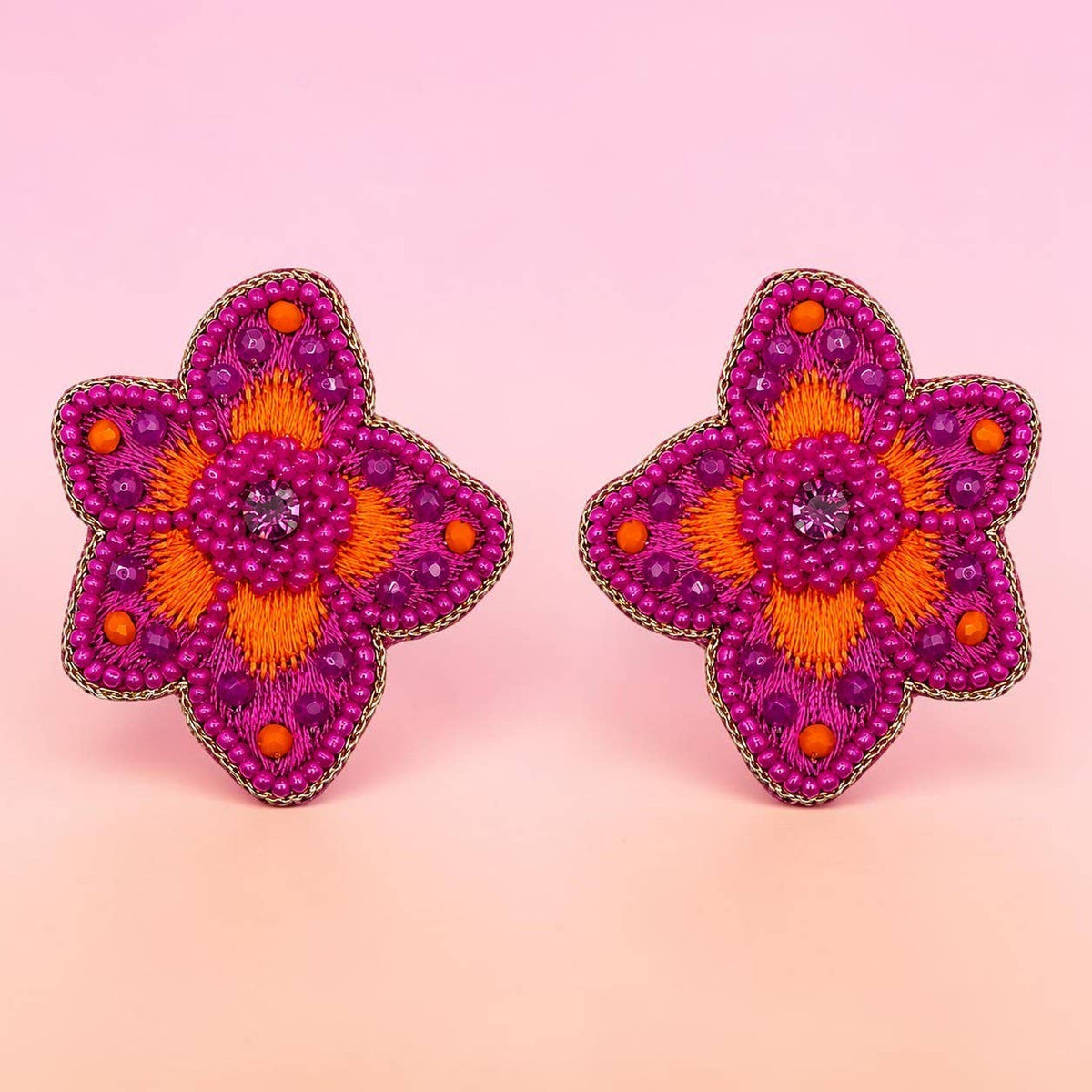 Pink & Orange Embroidered Flower Stud Earrings
