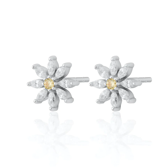 Sparkling Flower Stud Earrings - Silver