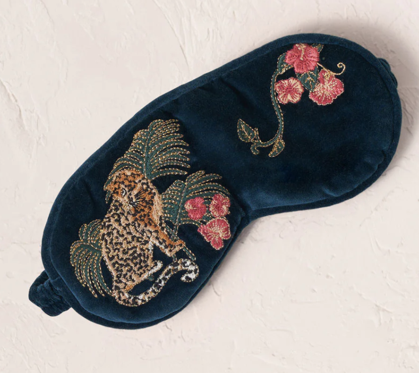 Luxury embroidered Jaguar velvet eye mask - Marine Blue