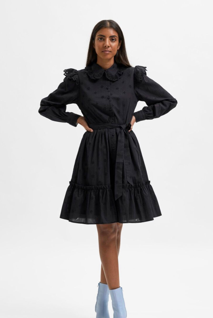 BRODERIE SHIRT DRESS - Black