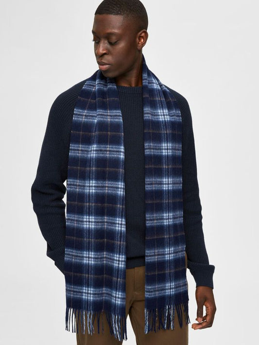 checked wool scarf - sky captain blue