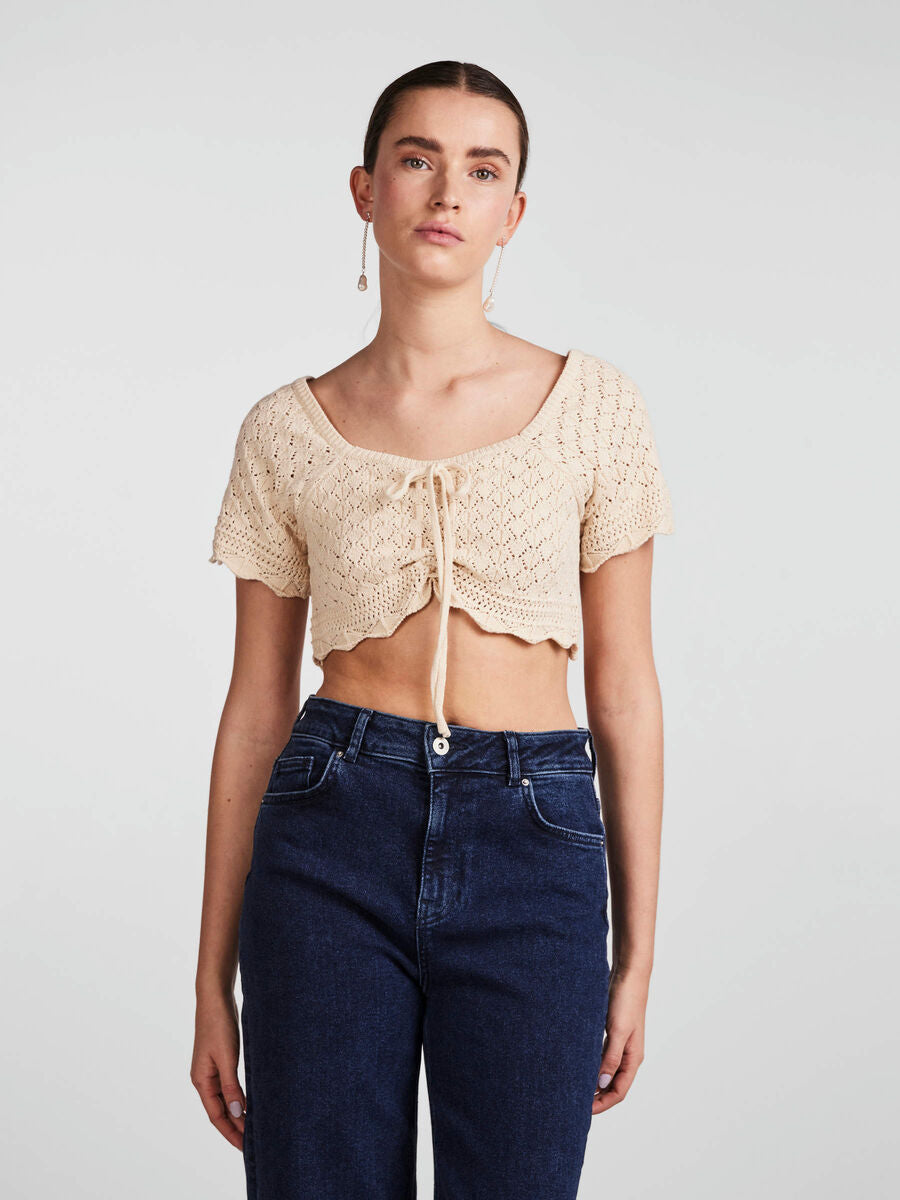 PCBLUMA CROCHET KNIT TOP - White Smoke