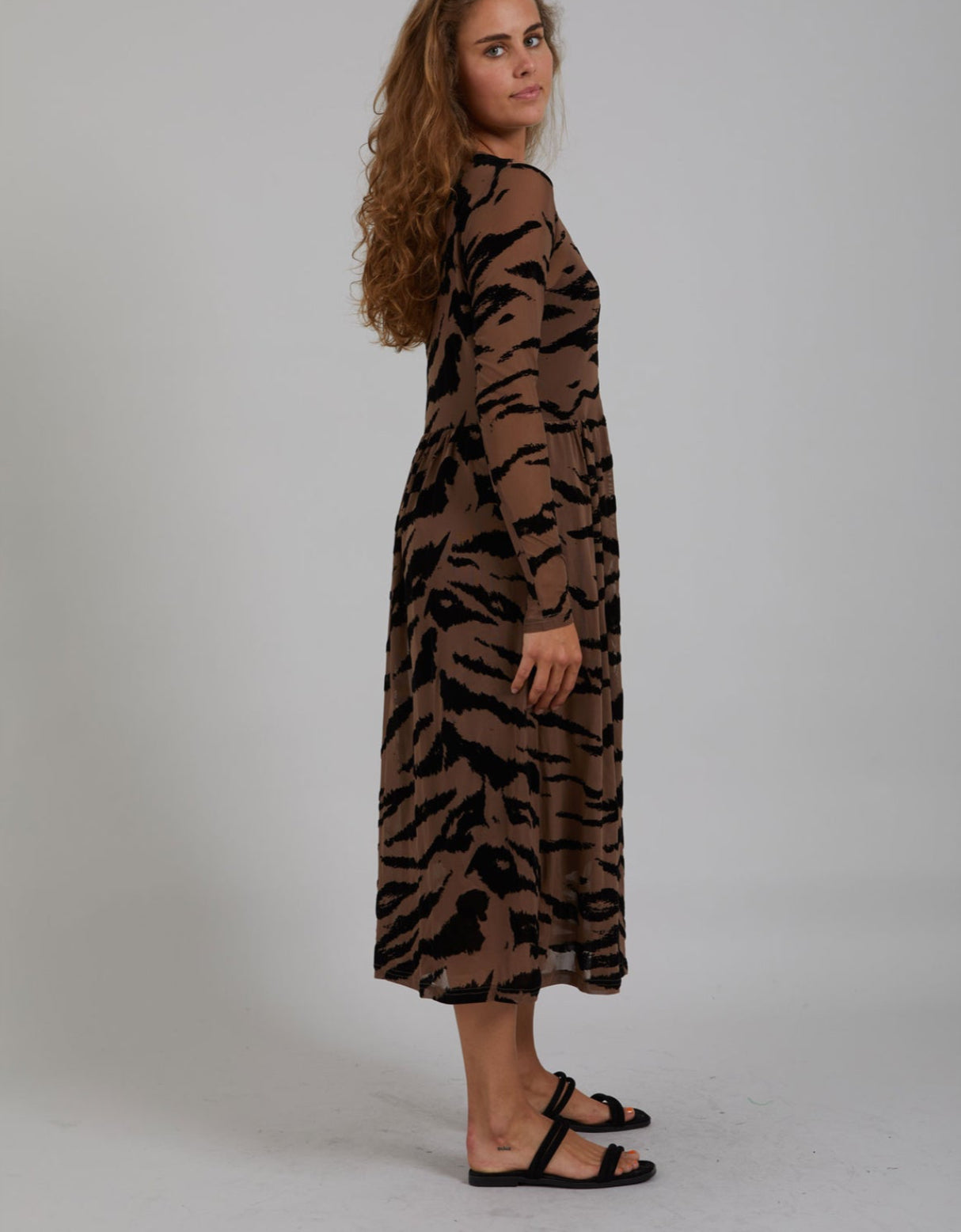 Long Mesh Dress With Zebra Print - Brown