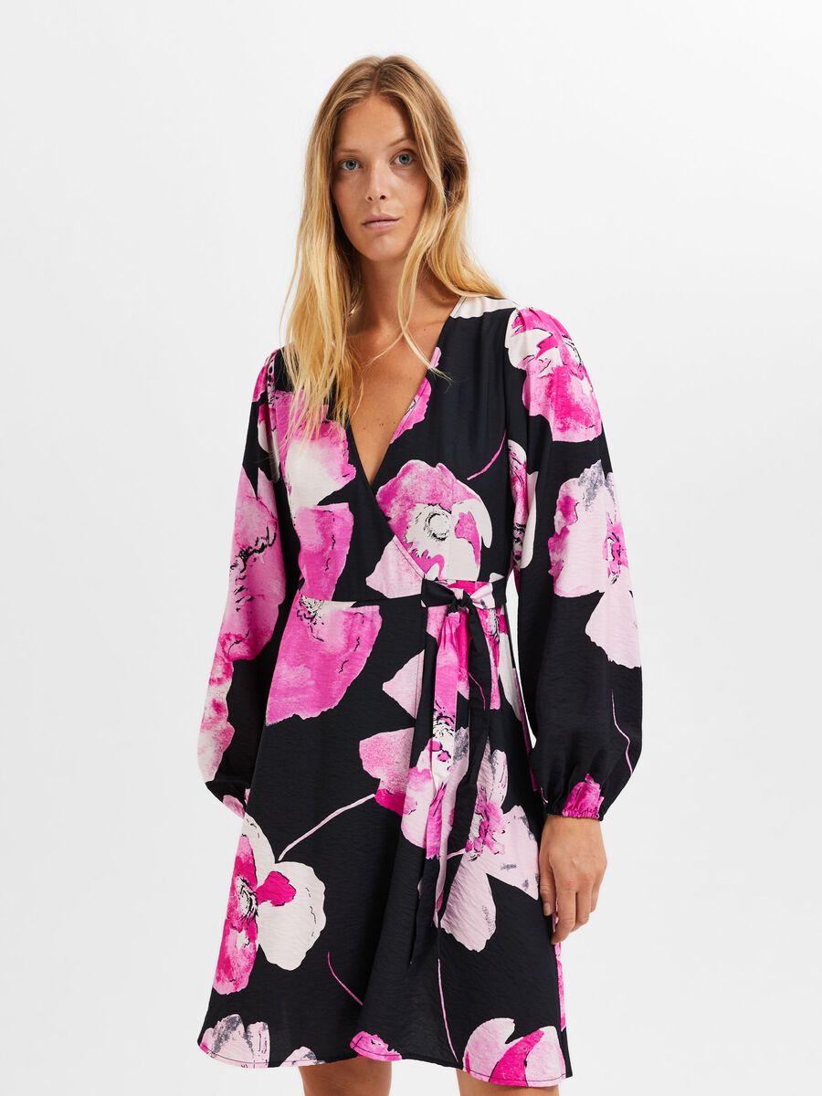 FLORAL WRAP LS DRESS