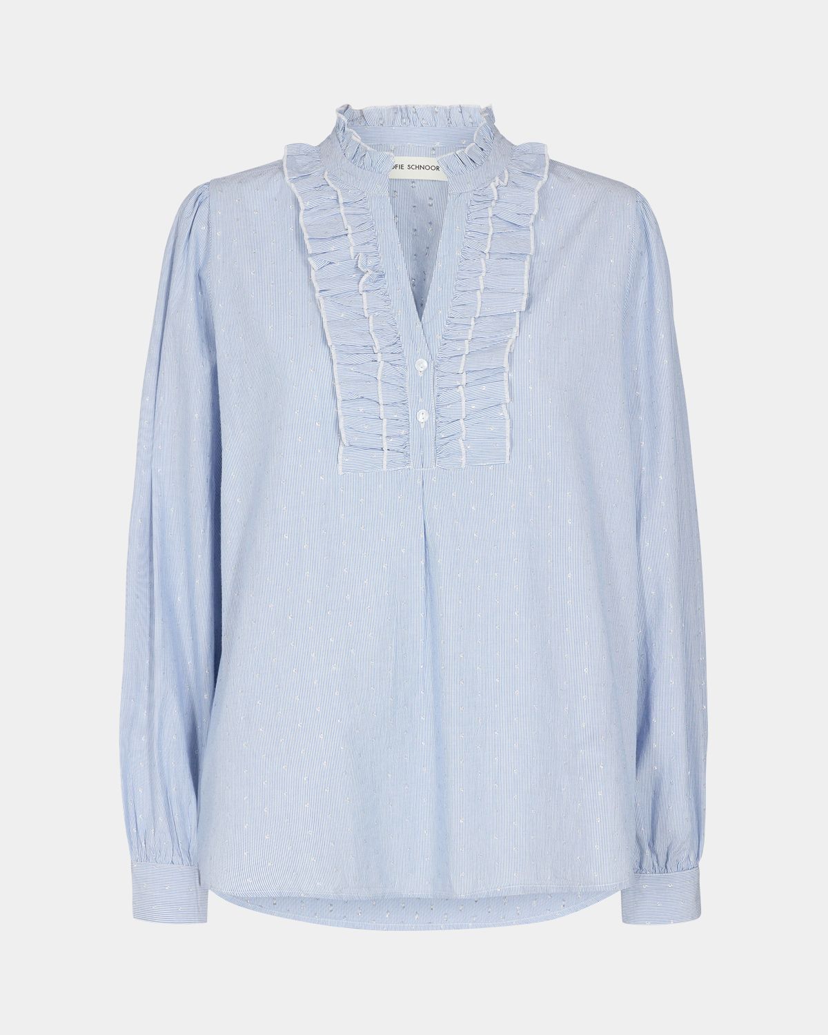 Blue Stripe Ruffle Neck Blouse