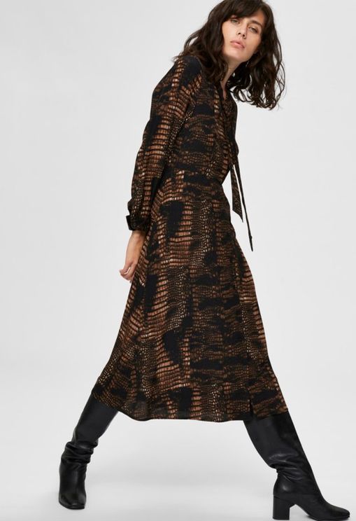SNAKE PRINT MIDI LS DRESS - Black