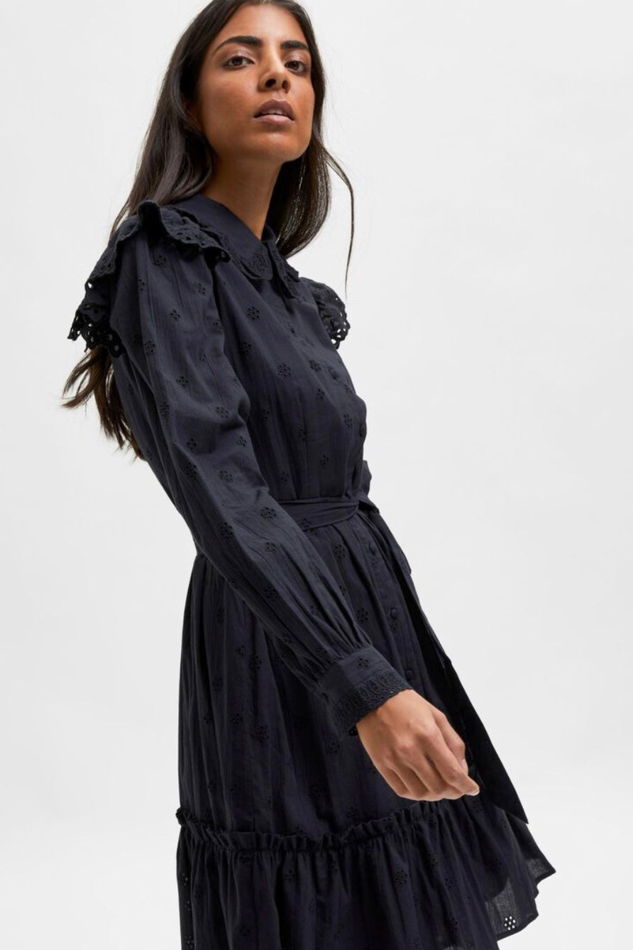 BRODERIE SHIRT DRESS - Black