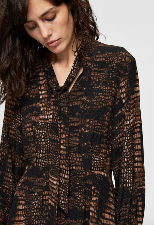 SNAKE PRINT MIDI LS DRESS - Black