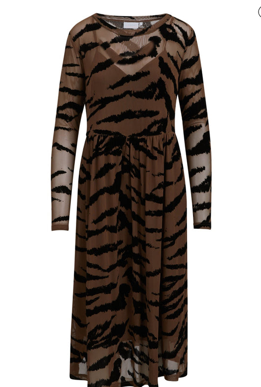 Long Mesh Dress With Zebra Print - Brown