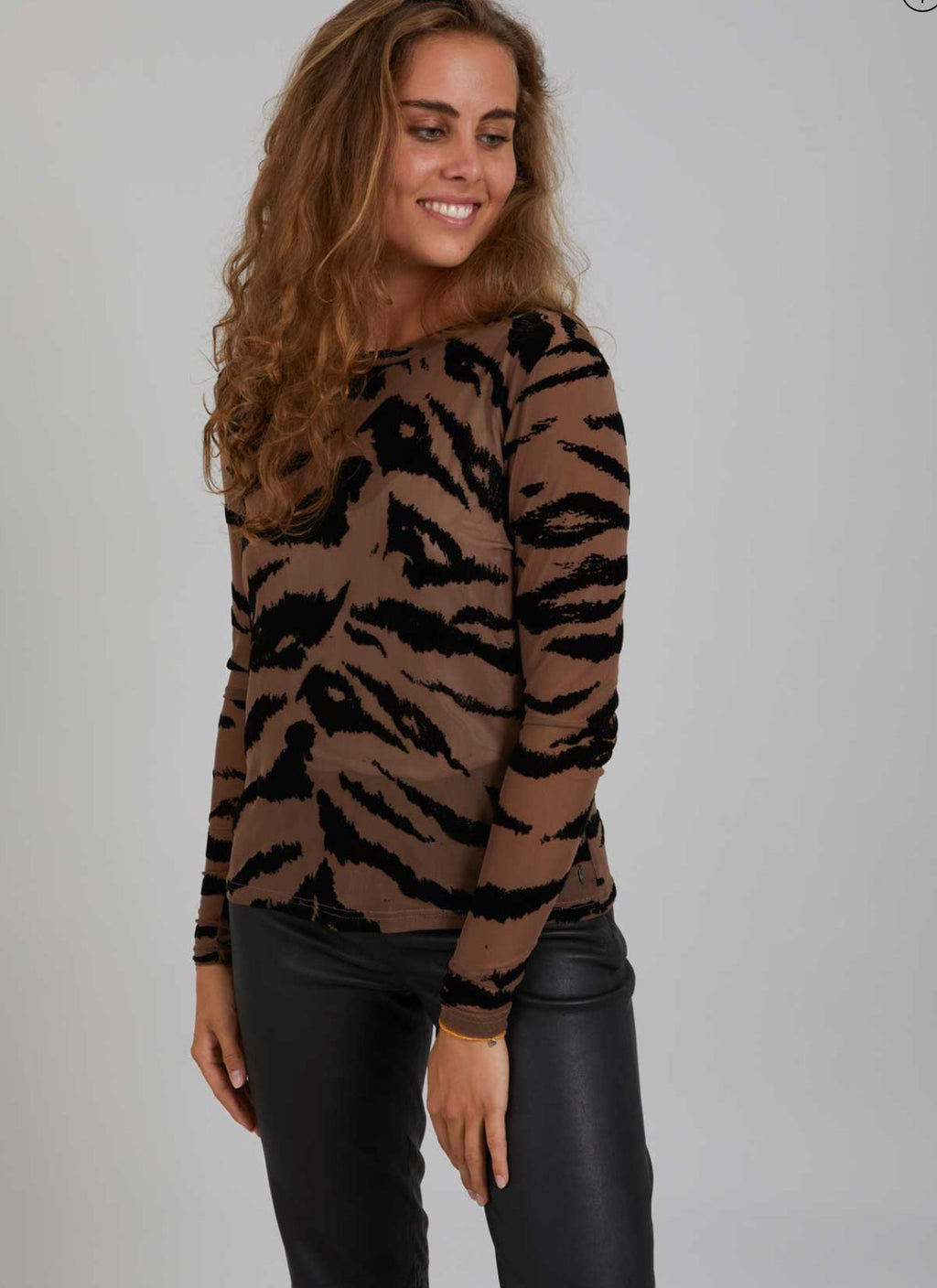 Zebra Print Mesh Top - Brown