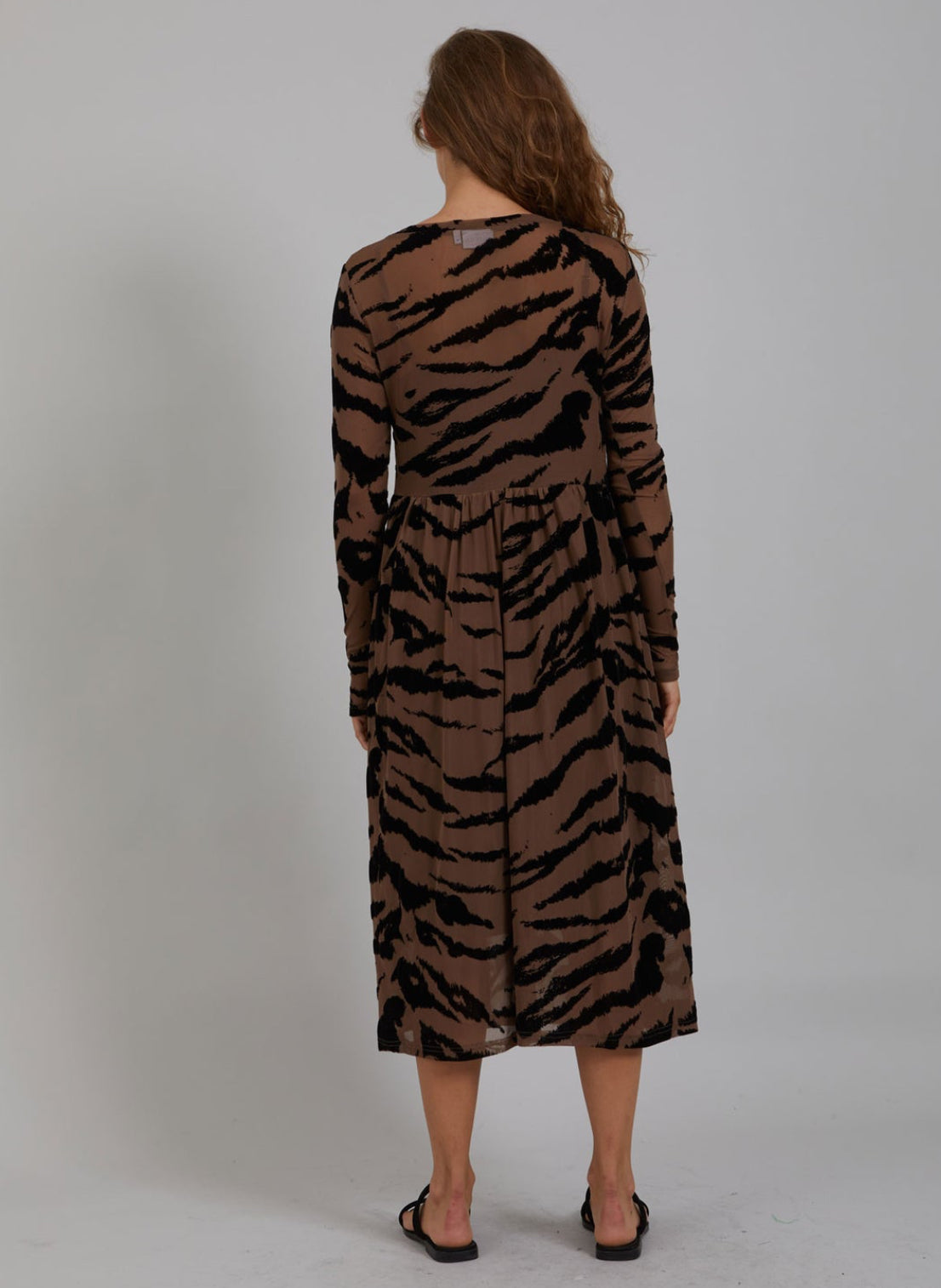 Long Mesh Dress With Zebra Print - Brown