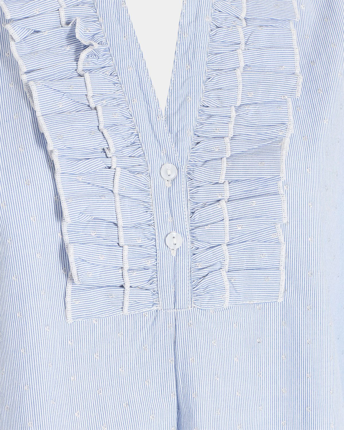 ruffle neck blouse with silver spot and fine light blue stripe