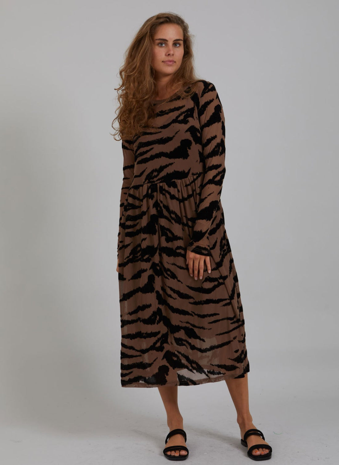 Long Mesh Dress With Zebra Print - Brown