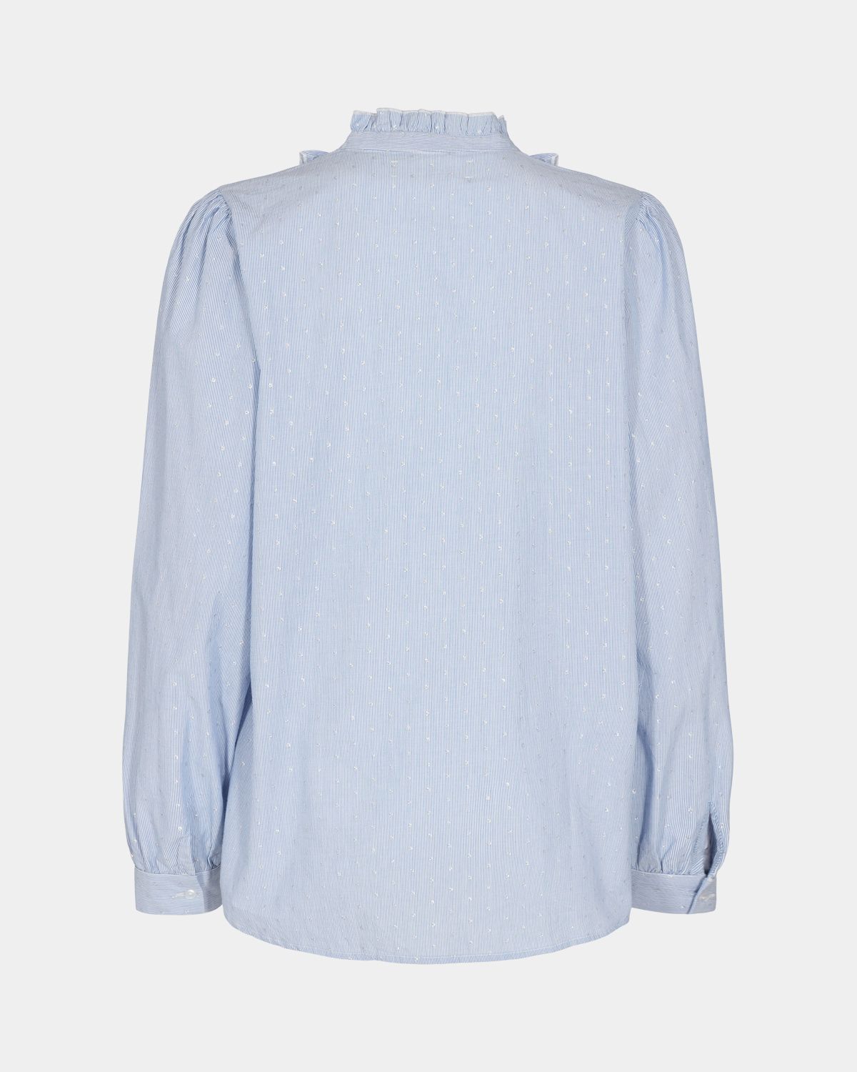 ruffle neck blouse with silver spot and fine light blue stripe