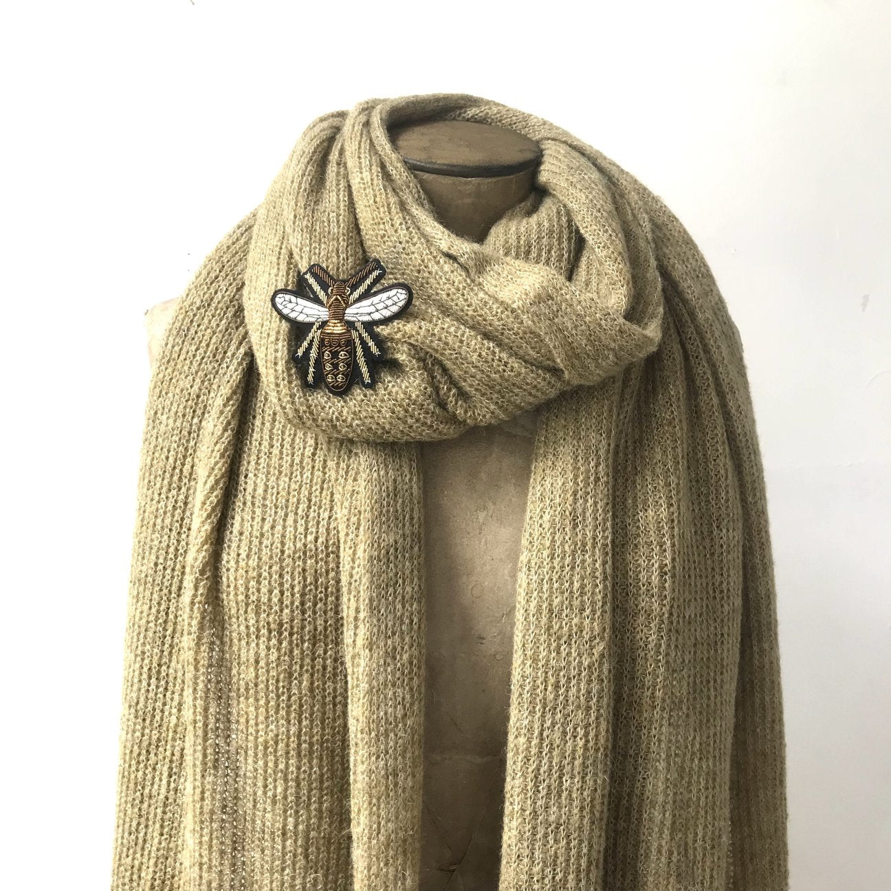 Olive Scarf With Grand Insect Pin