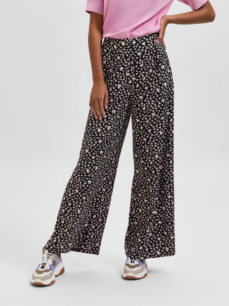 FLORAL WIDE LEG TROUSERS - Black