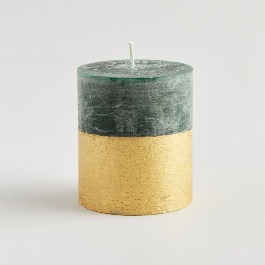 Gold Half Dipped Pillar Candle - Winter Thyme