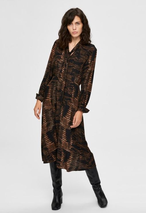 SNAKE PRINT MIDI LS DRESS - Black