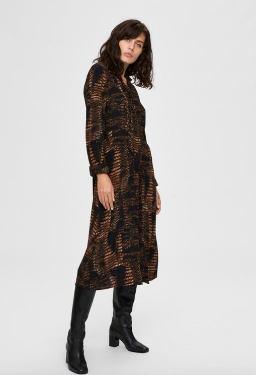 SNAKE PRINT MIDI LS DRESS - Black