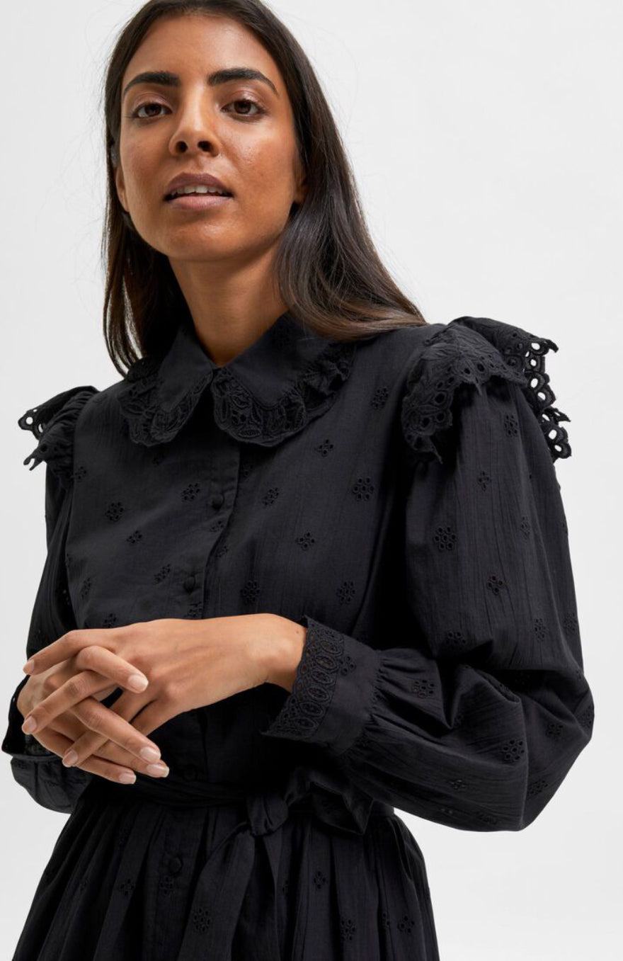 BRODERIE SHIRT DRESS - Black