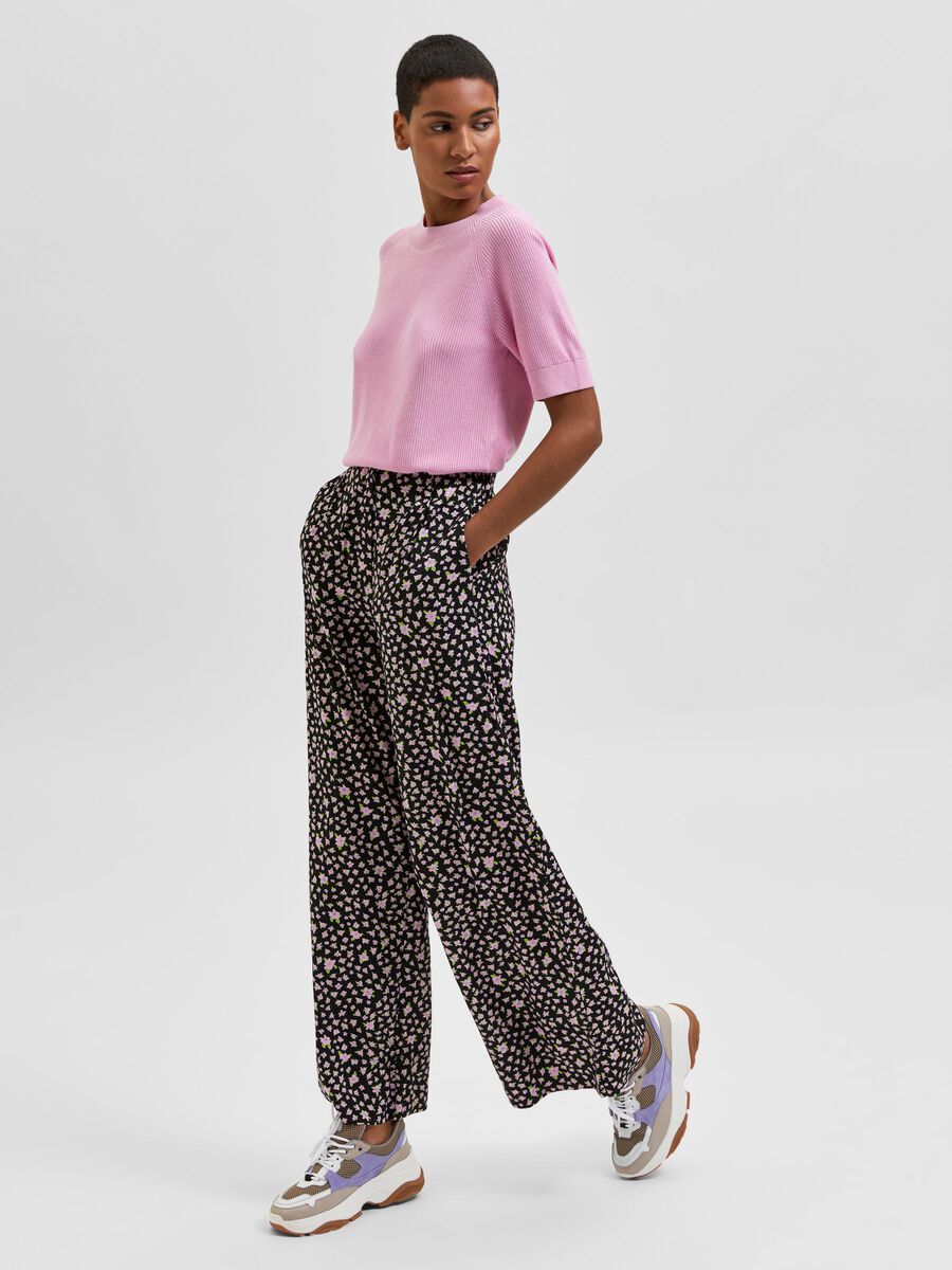 FLORAL WIDE LEG TROUSERS - Black