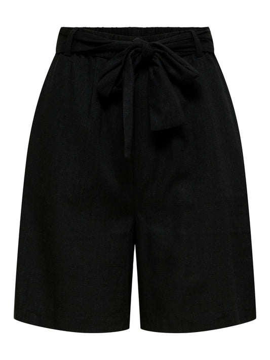 Linen Blend High Waist Shorts - Black