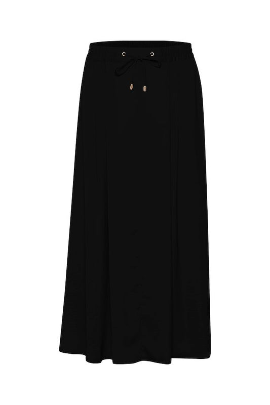 Midi Skirt with Drawstring Waist - Black