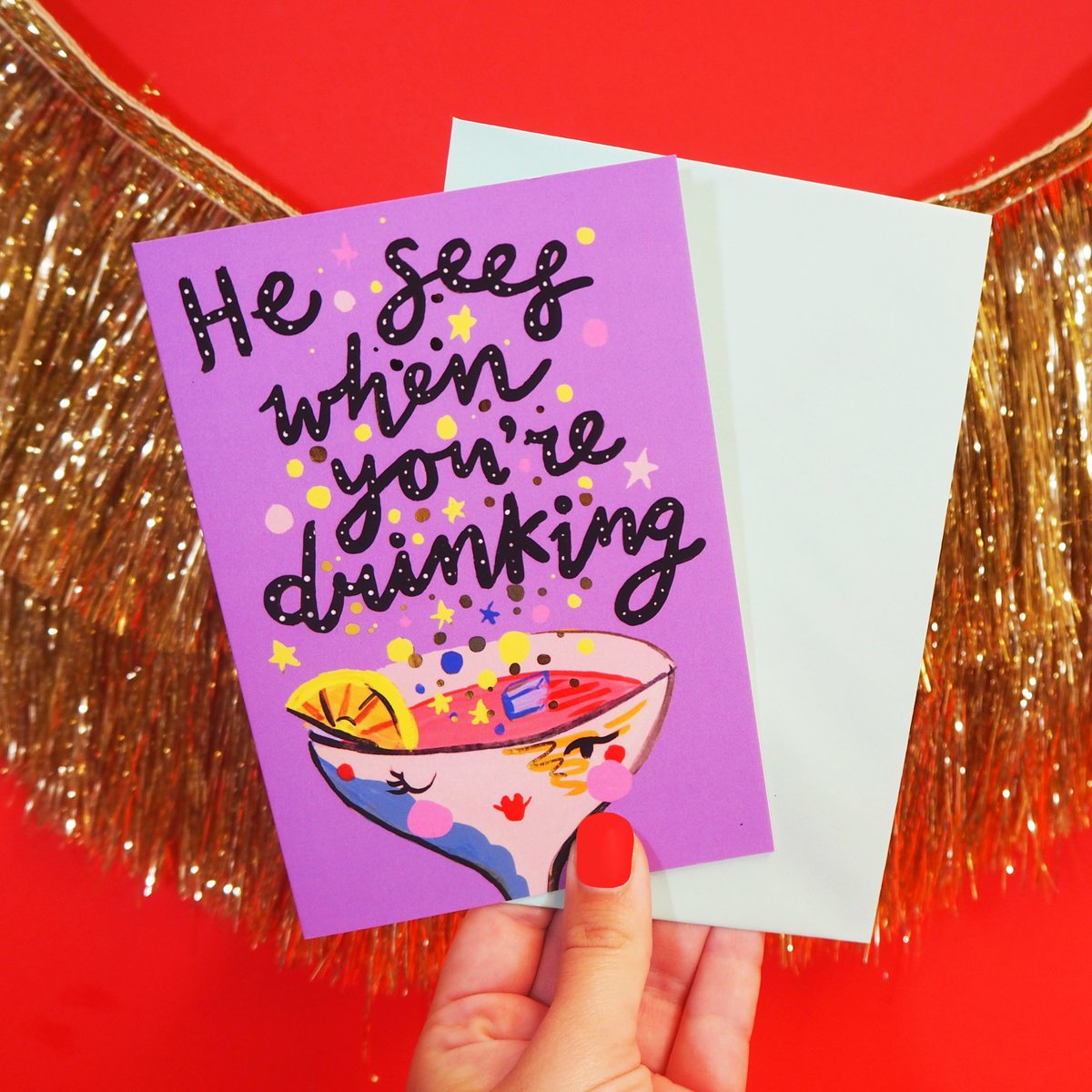 he sees you when your drinking Christmas card