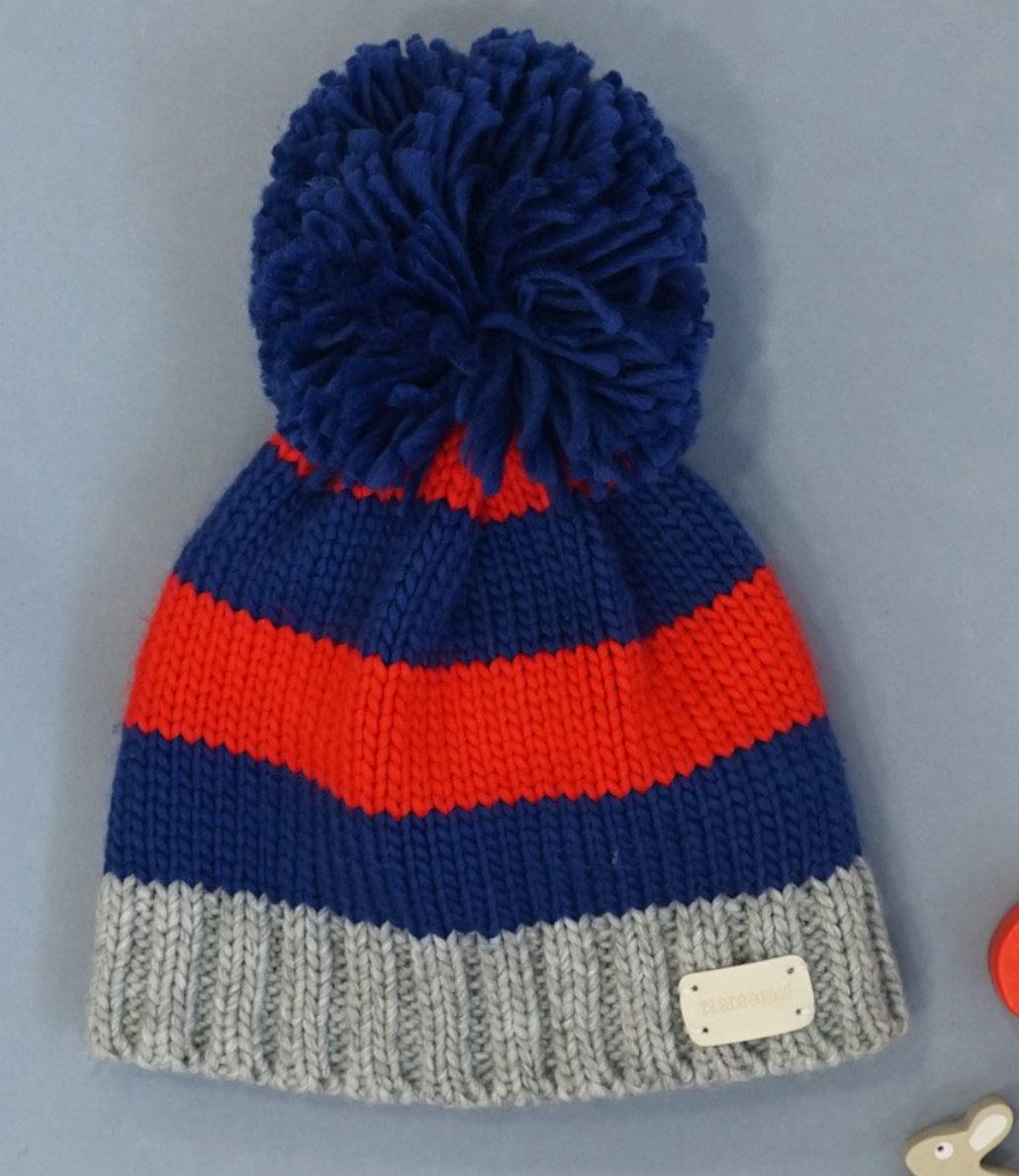 Red & Blue Striped Bobble Hat
